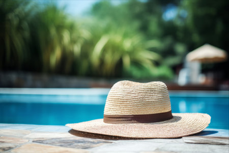 Stylishly Shielded: Rocking a Straw Hat by the Poolの素材