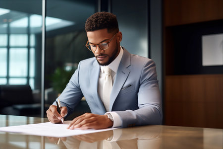 Sealing Success: African American Businessman Embracing Efficiency through Paper Documentation and Laptop Utilizationの素材