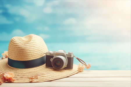 Stylishly Sun-Ready: Explore the Beach with Vintage Camera and Summer Fashion Essentials on a Blue Wood Backgroundの素材