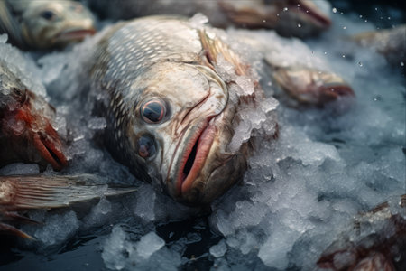 Frozen Nightmare: A Haunting Close-Up of a Chilling Fish Market Stallの素材