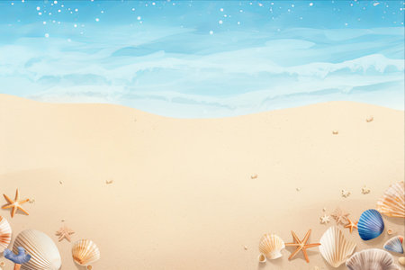 Sandy Delights: A Summer Flat Composition featuring Seashells, Rope, and a Beach Paradise with Space for Captivating Textの素材