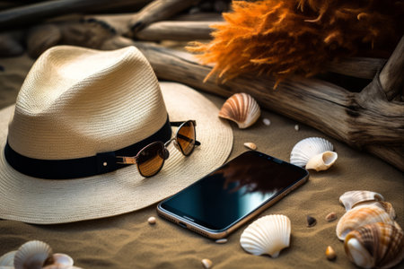 Coastal Vibes: A Beautiful Composition Featuring Straw Hat, Sunglasses, Smartphone, Sea Shells, and Stones on Wood Surfaceの素材