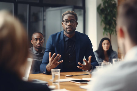 Empowered Black Team Leader Inspiring Colleagues in Conference Room: Unveiling Game-Changing Business Planの素材