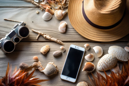 Capturing the Coastal Beauty: A Kaleidoscope of Straw Hat, Sunglasses, Smartphone, and Photocamera Amidst Seashells and Stones on a Rustic Wooden Surface -- AR 3:2の素材