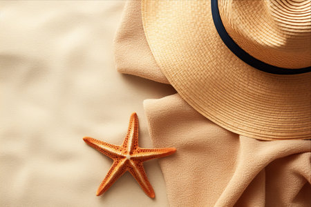 The Perfect Beach Essentials: Straw Hat, Towel, Sunscreen, and a Starfish - Captivating Closeup in 3:2 Aspect Ratioの素材