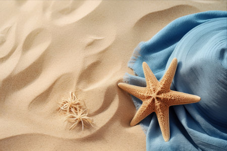 Sunny Essentials: A Closeup of a Straw Hat, Towel, Sunscreen, and Starfish on Sand - Embracing the Beach Vibes in a 3:2 Frame!の素材
