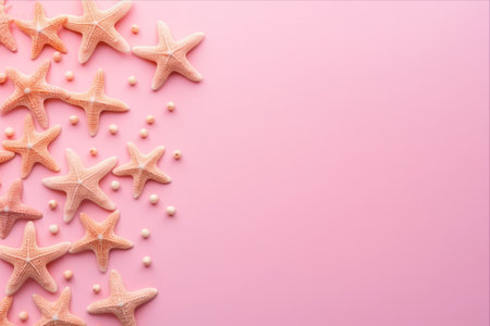 Captivating Summer Flat Lay: Graceful Sea Stars on a Vibrant Pink Background, Offering Blissful Top Views and Ample Copy Spaceの素材