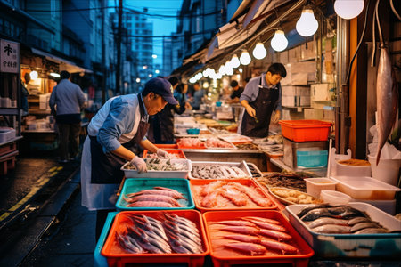 Exploring the Vibrant Seafood Market at Tsukiji Market in Tokyo, Japan - Capturing the Essence of Japan's Culinary Delightsの素材