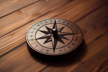 Harmonious Precision: A Delicate Geometric Divider Resting on a Rustic Wooden Tableの素材