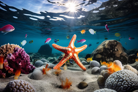 Exploring the Vibrant Underwater World: A Glimpse into the Street of Colorful Starfish at the Bottom of the Seaの素材