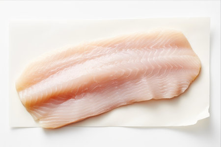 Aesthetic Presentation: Captivating Top View of Exquisitely Isolated Cod Fillet (3:2 Ratio) on a Pristine White Backgroundの素材