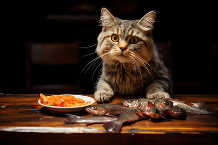 Feisty Feline Desires Dinner: The Cat Craves the Fish on the Table!の素材