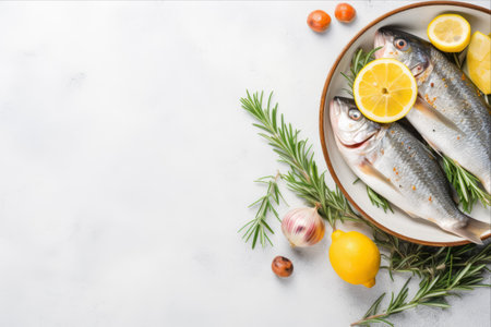 A Savory Seafood Delight: Exquisite Pan-seared Fresh Fish with Zesty Lemon and Fragrant Rosemary, Artfully Presented on a Rustic White Kitchen Tableの素材