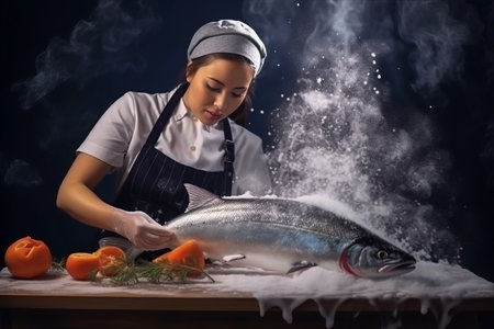 Culinary Perfection: A Chef's Masterful Creation of Fresh Salmon and Smorgu Trout with a Hint of Frostの素材