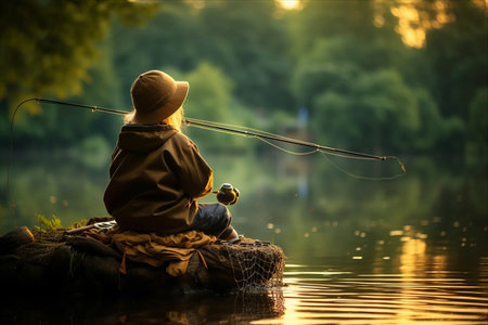 Tranquil Reflections: A Child's Meditative Journey by the Fishing Lakeの素材