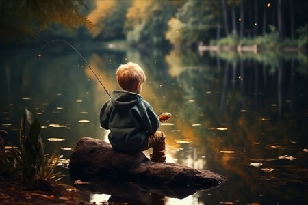 The Serenity of Nature's Reflection: Discovering Peace through Meditative Child Fishing by the Tranquil Lakeの素材