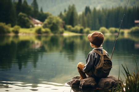 Finding Serenity: A Child's Tranquil Journey into Nature's Fishing Lakeの素材