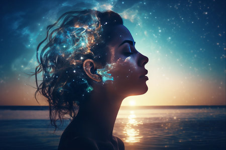 Merging Dimensions: Exploring the Harmony of Human and Cosmic Realms through Double Exposure Photographyの素材