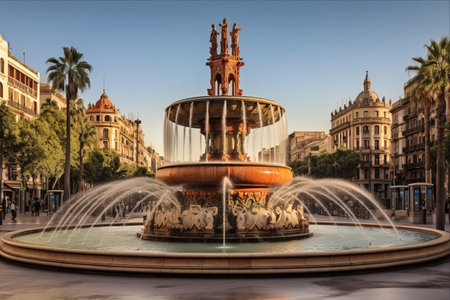 The Vibrant Heart of Barcelona: Exploring the Fountain at Catalonia Square, the Hub of Business and Culture in Spain's Bustling Metropolisの素材