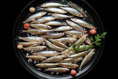 Exquisite Composition: A Captivating Arrangement of Fresh Small Fishes on a Striking Black Backgroundの素材