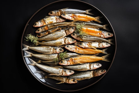 Stunning Composition: Raw Small Fishes in Plate, Captured from Unique Top View on Black Backgroundの素材