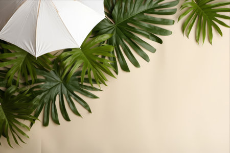 Tropical Getaway: Embracing Summer Vibes with Straw Hat and Lush Tropical Leafの素材