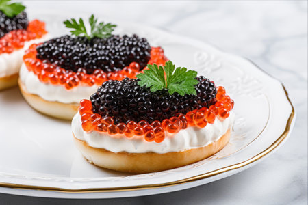 Culinary Extravaganza: Exquisite Sandwiches adorned with Red and Black Caviar on a White Marble Canvasの素材