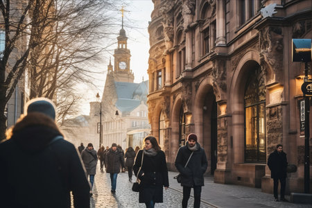 Winter Morning Bustle: People Converge at Historic Hauptwache in Frankfurt's Vital Transit Hubの素材