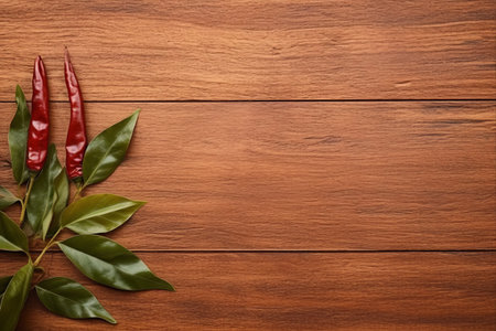 Spice Up Your Plate: A Vibrant Composition of Dried Chilli and Fresh Greenery on a Rustic Brown Wood Backgroundの素材