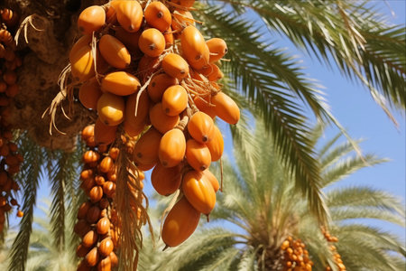 The Vital Role of Fresh Date Palms in Advanced Desert Agriculture: Raw Date Palm (Phoenix dactylifera) Fruits Flourishing on a Treeの素材