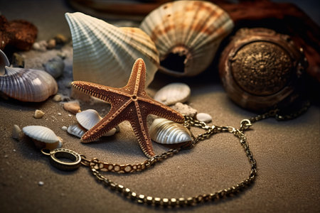 Whimsical Souvenirs: Reminiscing Travel Memories with Starfish, Screw Shells, and a Necklace on a Grayish Groundの素材