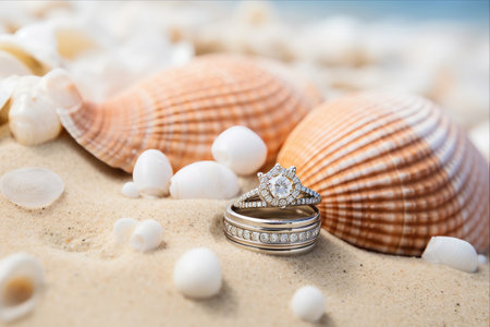 A Beachside Love Affair: Wedding Rings, Seashells, and Honeymoon Blissの素材