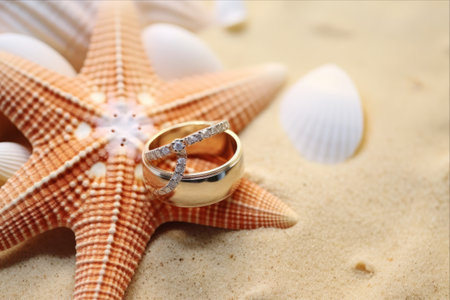 Romantic Beaches: A Honeymoon Journey Exploring Love, Happiness, and Wedding Rings in the Sandの素材