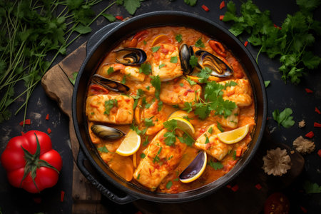 Captivating Visuals of Moqueca Baiana: A Contemporary Take on Traditional Brazilian Fish Stew in a Stylish Cast-Iron Roasting Dishの素材