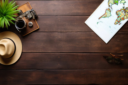 Exploring the World: A Complete Travel Set for Adventurous Tourists. Capturing the Essence of Holidays. [Top View Photograph in 3:2 Aspect Ratio]の素材