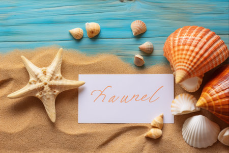 Sun-Kissed Getaway: Exploring Sandy Beaches with Travel Text Greeting Card and Tropical Decorの素材