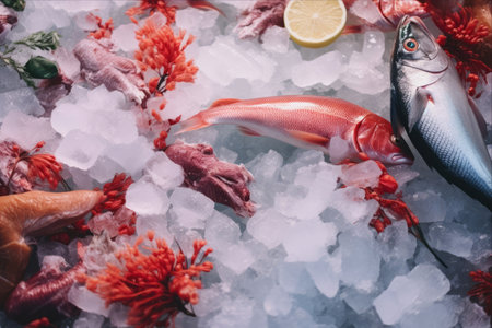 A Bountiful Display: Fresh Fish and Seafood, Glistening with Ice, Captured from Aboveの素材