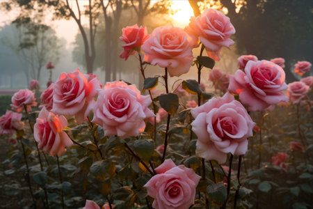 Enchanting and Vibrant Indian Rose Garden: A Closer Look at the Splendid Variety of Roses in New Delhi's Early Morning Dewの素材