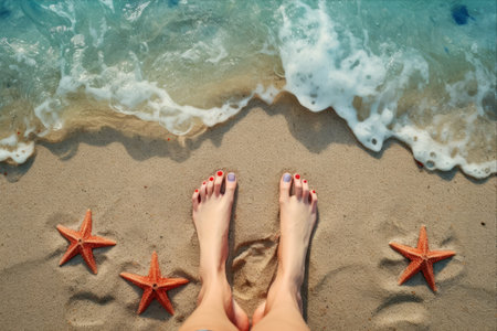 Red Starfish: A 3D top-view of wet feet on sandy shores with sea waterの素材