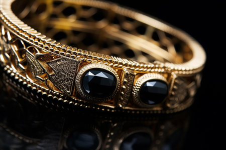 Dazzling Elegance: Closeup of a Golden Bracelet in a Black Jewel Boxの素材