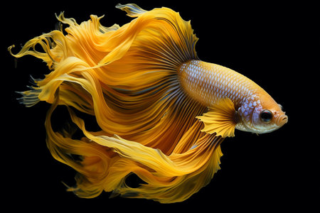 The Alluring Beauty of Thailand's Pla-kad: Yellow Half Moon Siamese Betta Fish on a Captivating Black Backgroundの素材