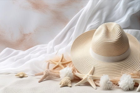 Beach Chic: Stylish Summer Hats Amidst Seashells and Starfish on a Textured Plaster Canvasの素材
