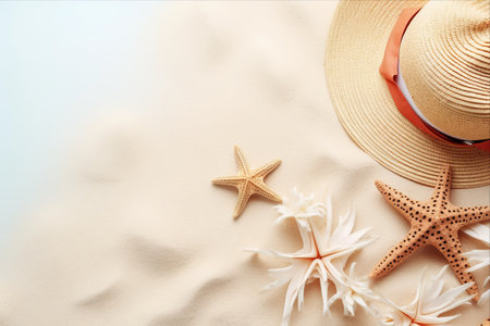 Beach Vibes: Stylish Hat among Seashells and Starfish on Plaster Surface for Ultimate Summer Getawayの素材