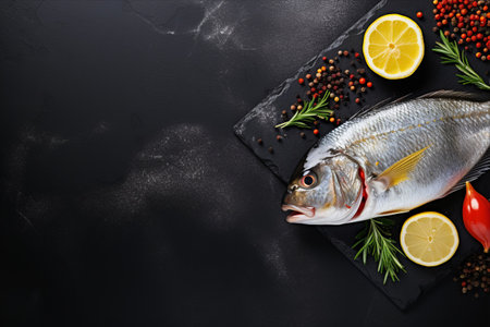 Delicious Dorado: Fresh Fish Perfection on a Stylish Black Stone Tableの素材