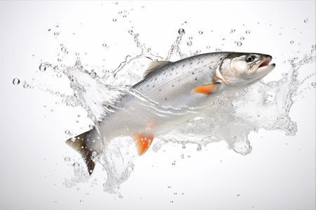 Captivating Image: Fresh Fish Fillet Sizzling with Water Splash on a Crisp White Backgroundの素材