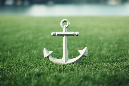 Serene White Anchor Amidst a Lush Green Lawn: A Perfect Canvas for Your Message [AR 3:2]の素材