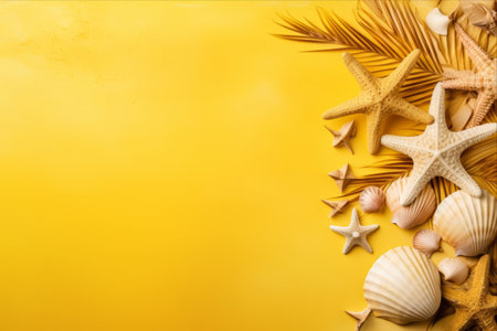 Journey to a Tropical Paradise: Palm Trees, Starfish, and Shells on a Vibrant Yellow Backgroundの素材