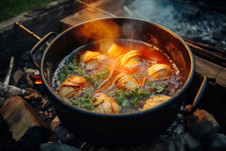 Street-side Cauldron Cooking: Wholesome Fish Soup for Nature Campersの素材