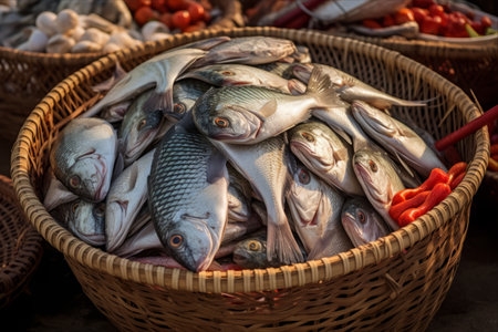 Vibrant Fish Market Delights in Vietnam's Southeast Asia: Fresh Catch in a Basket!の素材
