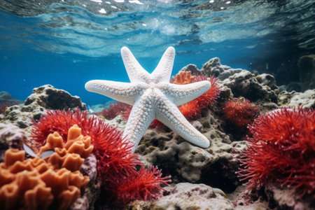 Coral Kaleidoscope: Vibrant white and red starfish adorn the underwater reefの素材